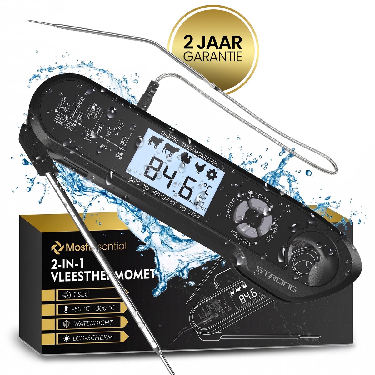 Bol.com MostEssential 2-in-1 Vleesthermometer - PRO Edition - BBQ Thermometer - Kernthermometer - Oventhermometer - Keukenthermo... aanbieding