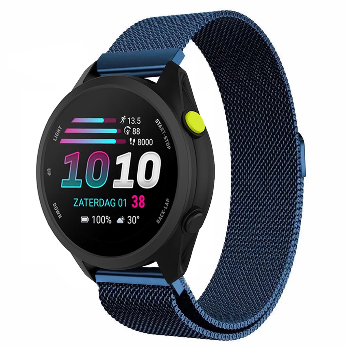 Stravo Milanees Bandje – Geschikt voor Garmin Forerunner 70 / 170 / 55 / 165 / 245, Vivoactive 6 / 5 / 3, Venu SQ 2 – Metalen Milanese Horlogebandje – Blauw