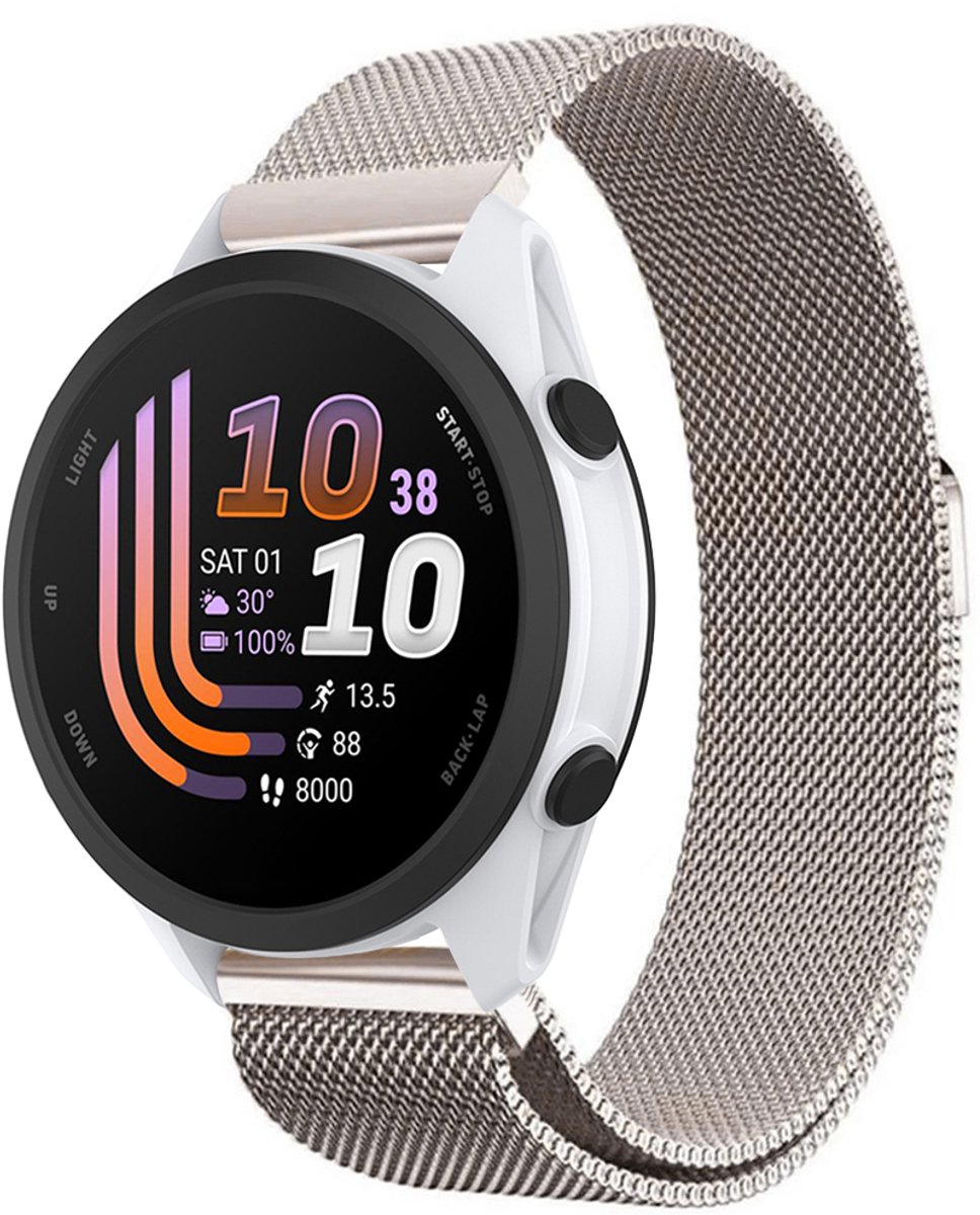 Stravo Milanees Bandje – Geschikt voor Garmin Forerunner 70 / 170 / 55 / 165 / 245, Vivoactive 6 / 5 / 3, Venu SQ 2 – Metalen Milanese Horlogebandje – Starlight