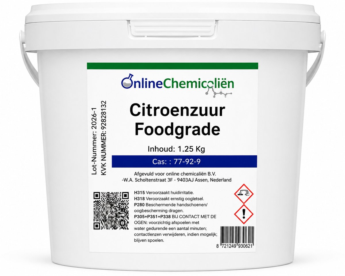 Online chemicalien - Citroenzuur - Foodgrade - 1.25 kg - Voor Bakken En Koken - E330