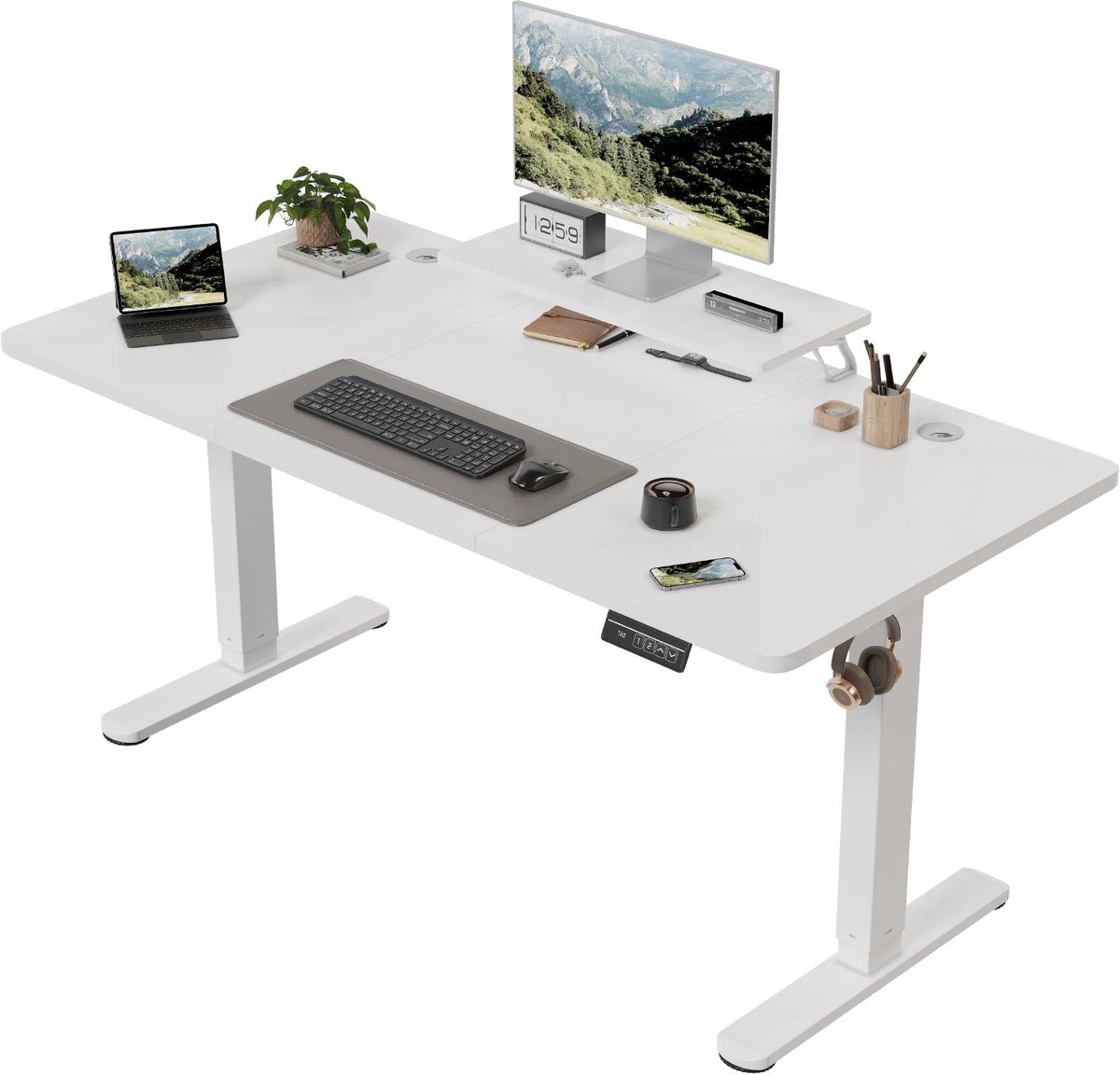NordHaus In hoogte verstelbaar bureau - Elektrisch bureau - Zit-sta bureau - Met monitorstandaard - Wit - 160 x 70 cm