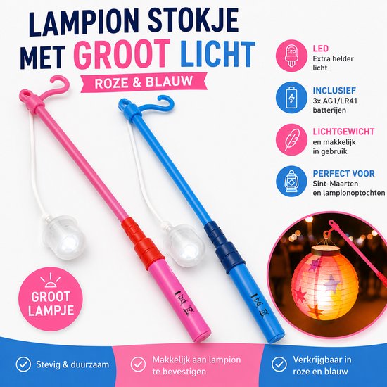Roze en blauwe lampionstokjes met groot LED licht. Inclusief batterijen en makkelijk aan een lampion te bevestigen.