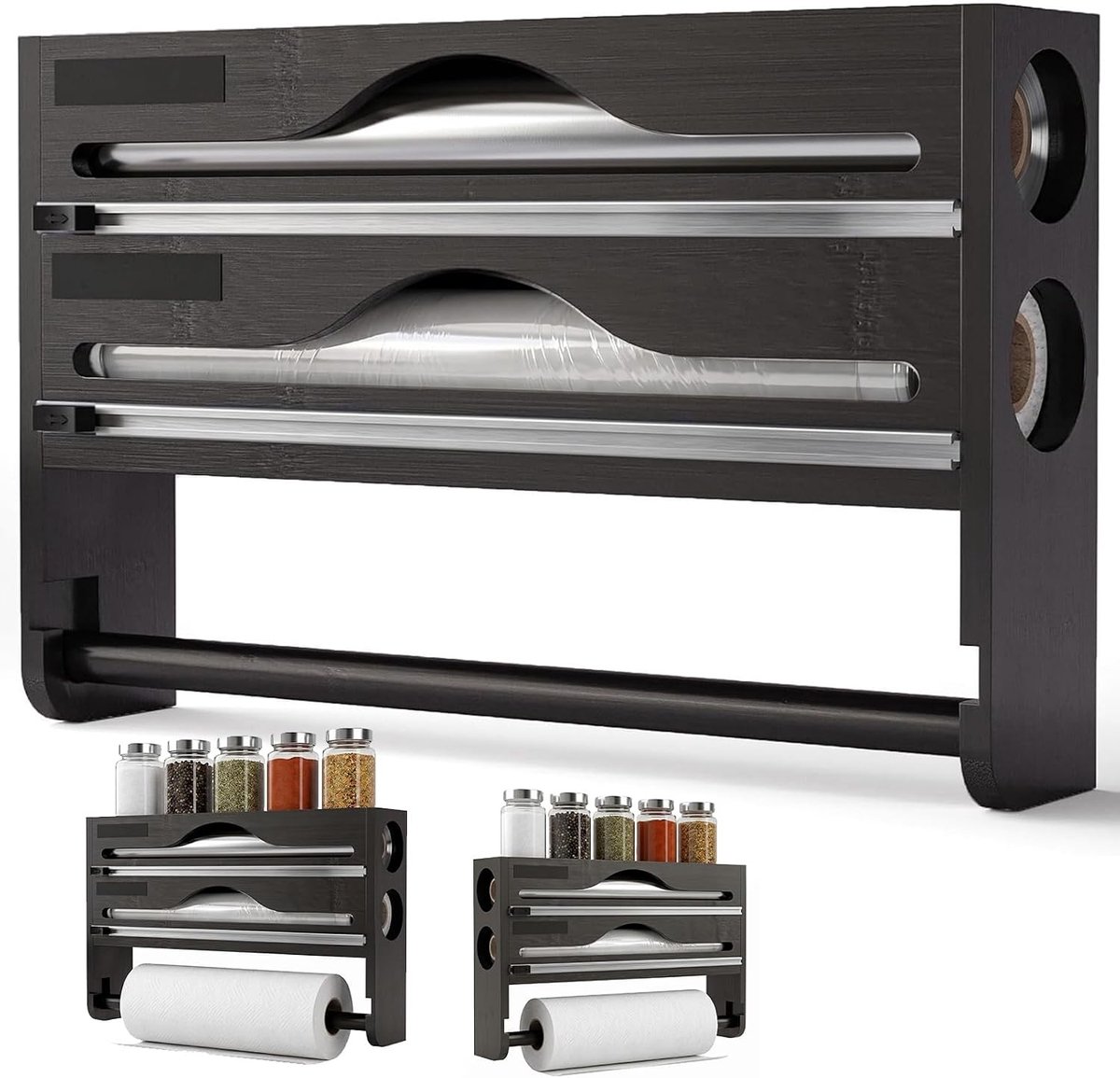 Keukenrolhouder - Zwart - Wandmontage met Foliedispenser - Houten 3-in-1 Opbergsysteem voor Keuken
