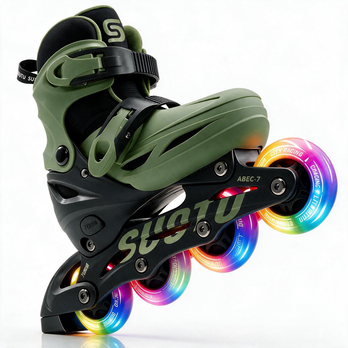 Suotu Skeelers - Inlineskates Verstelbaar - Lijn: S78 - Skeelers meisjes en jongens - Maat: EUR 32-36 - lichtgevende wielen - Legergroen/Zwart - M