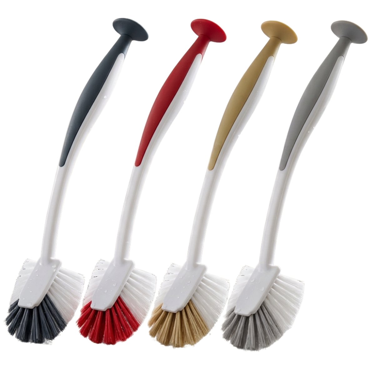 Afwasborstel – Set van 4 – Met zuignap en lange gebogen steel – Grijs beige rood donkerblauw – 32 cm