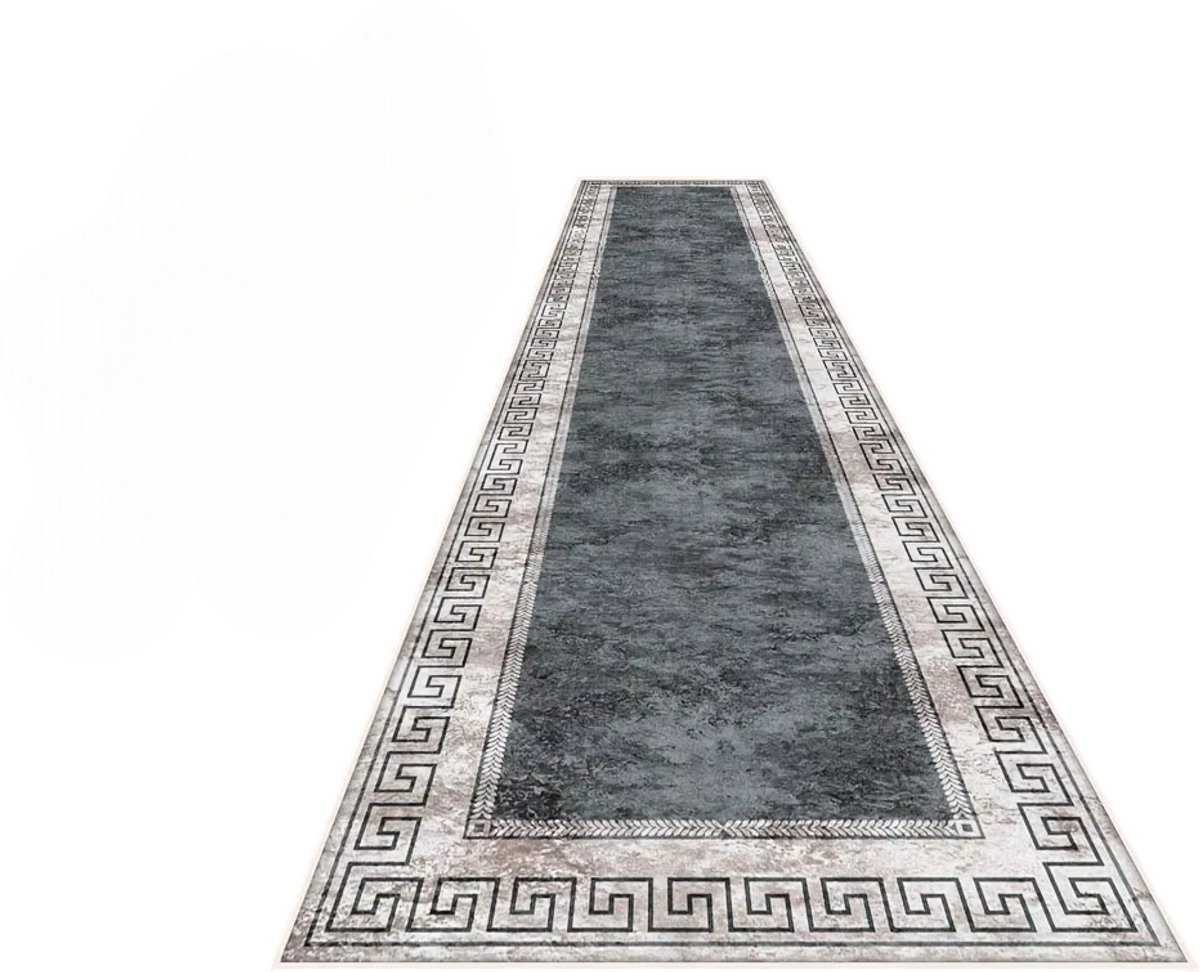 Modern Geometrisch Tapijt – Retro Boho Vloerkleed voor Woonkamer, Hal en Slaapkamer, Marineblauw en Grijs, Decoratief Vloerkleed - Maat 40X120CM