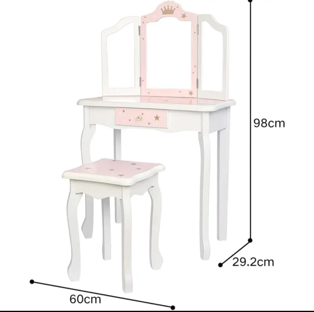 Houten Kinder Kaptafel Make-up Tafel met 3 Spiegels & Krukje – Roze/Wit – 60 x 29,2 x 98 cm