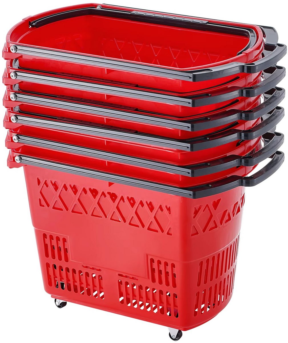 JOYNEXTBUY - Winkelmanden met Wielen - 6 Stuks – 39 Liter – Rolmand met Uitschuifbaar Handvat – Draagbare Boodschappenmand – Rood