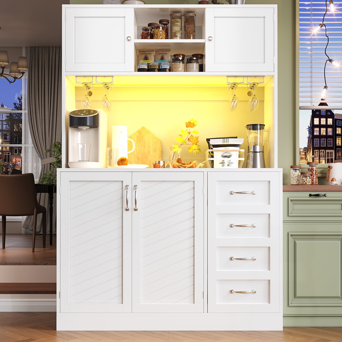 COVREO Buffetkast 120x40x188 cm wit MDF, 4 deuren 2 laden met LED