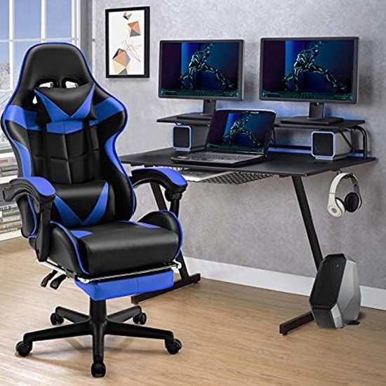 Gamingstoel met Massagefunctie en Voetensteun - Ergonomische Gamestoel met Hoofdsteun en Lendenkussen - Gevoerde Armleuningen - Blauw — afbeelding 3