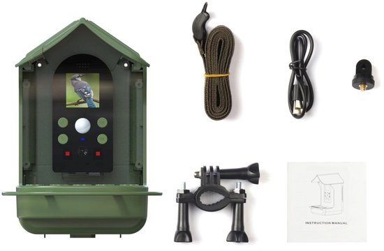 Groen vogelvoederhuisje met scherm met blauwe vogel, voerbak en accessoires: draagriem, kabel, bevestiging.