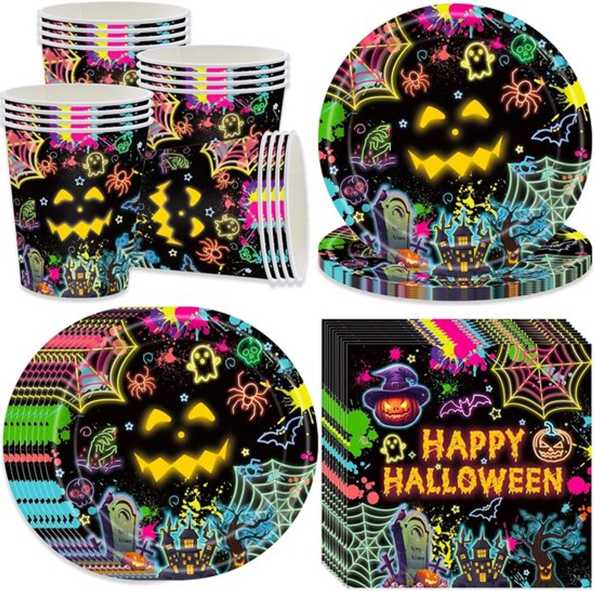 Halloween Party Tafelgerei Set voor 16 Gasten - Papieren Borden - Servetten - Bekers - Tafelaccessoires - Decoratie - Skeletten - Pompoenen - Spinnen