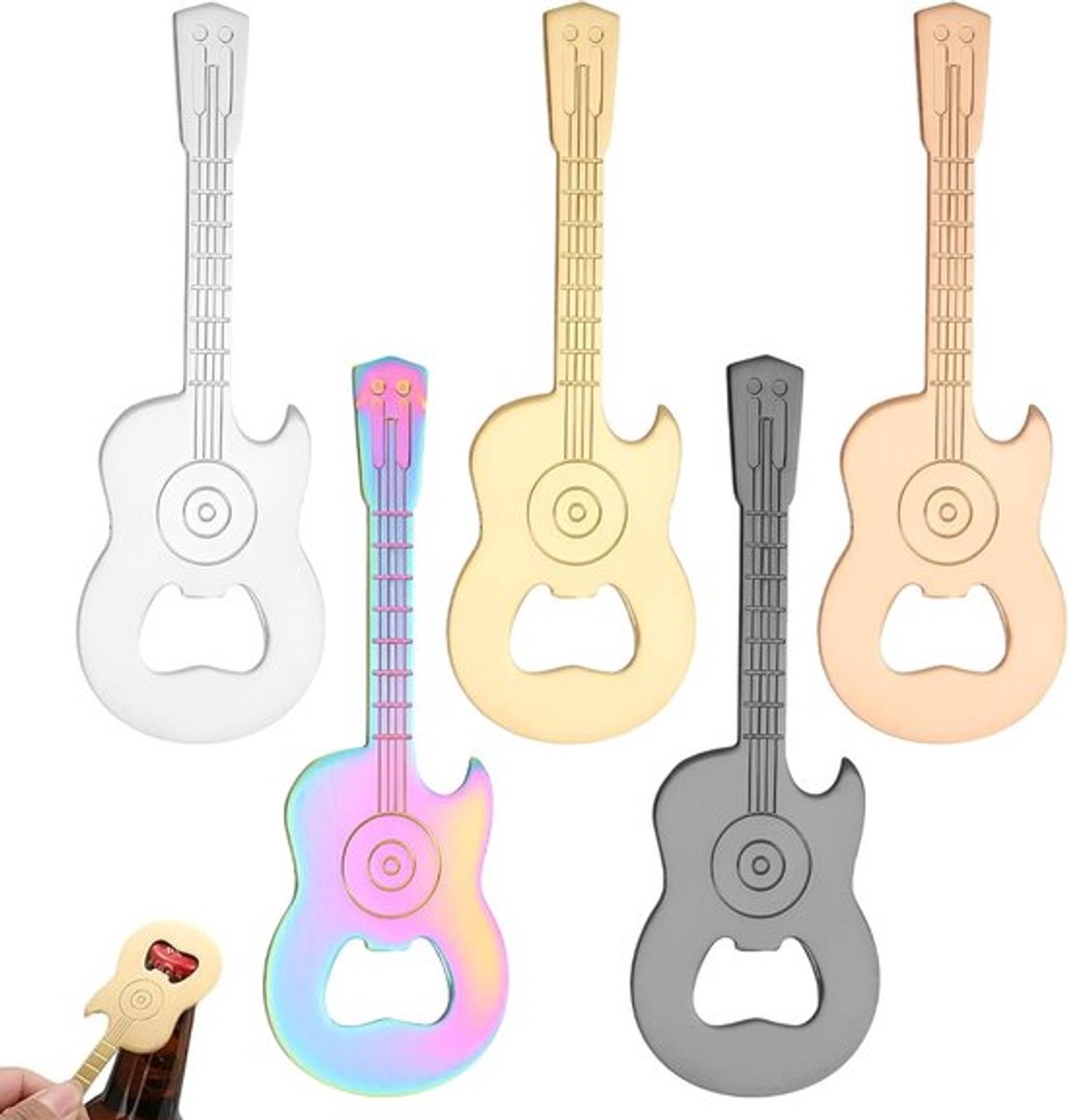 Flesopener - 5 stuks - bieropener - roestvrij staal - gitaar flesopener met magneet - muziekliefhebbers - muziekfeest - cadeau voor muzikanten