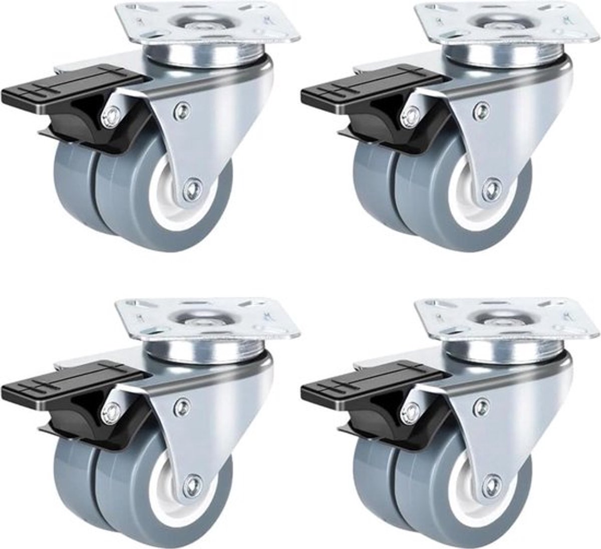 Zwenkwielen met rem - 50 mm - Dubbele wielen - Transportwielen - Meubelwielen - Veiligheidsremmen - Zware wielen - tot 400 kg