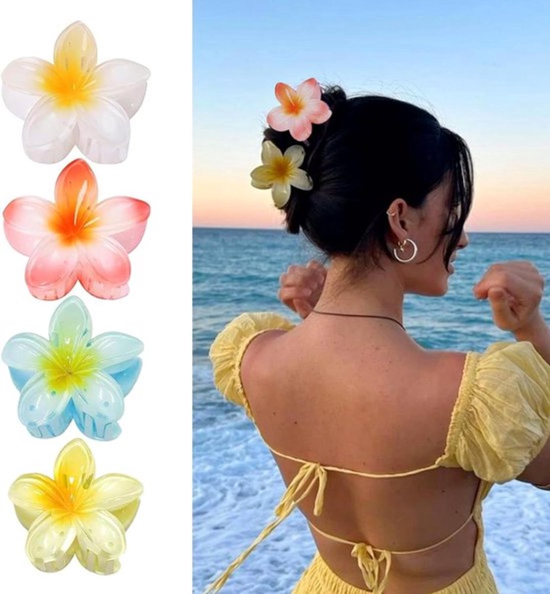 Bloemenhaarspelden 4 stuks eierbloemen-haarklemmen antislip voor vrouwen - Hawaïaanse bloemenklauwclips dik dun haar .
