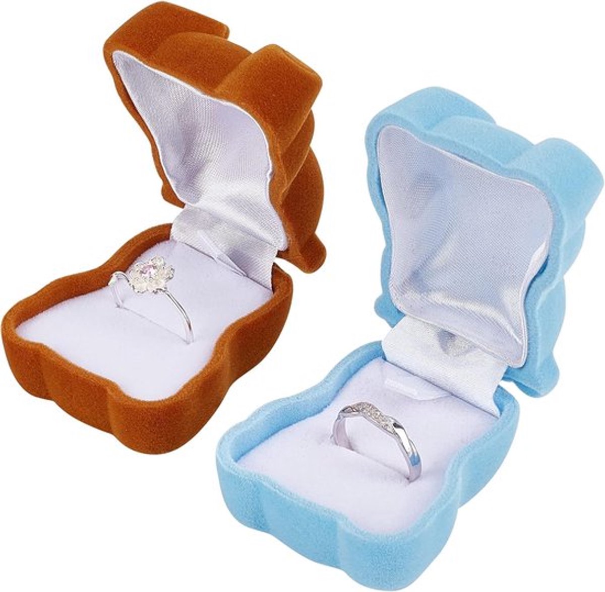 2-delige Bear ringdoos - Plastic viltbeklede sieradenkistje - Eenvoudige ringopslagdoos - Voor een verlovingsring - Huwelijksceremonie - Verloving - Kerstmis of speciale gelegenheden (Bruin/Blauw)