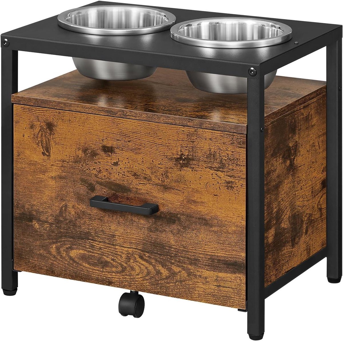 Verhoogde Honden Voerbak - Voerstation Honden - Gezond Eten Bevorderen - Inclusief Lade - 39 cm Hoog - Vintage Bruin Zwart