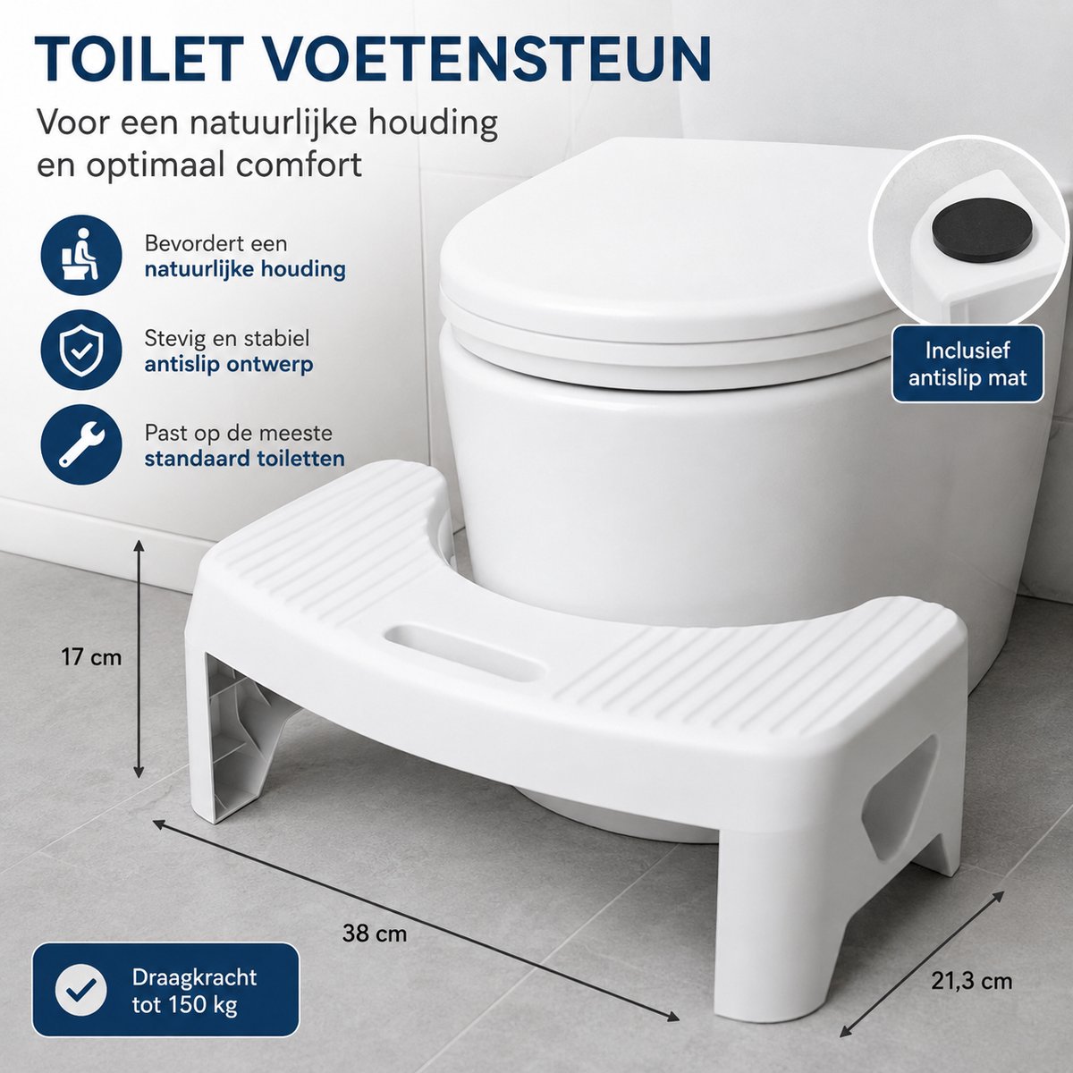 TQ Toiletkrukje – WC Krukje voor de Juiste Houding – Toilet Squatty – Poepkrukje – Toilet Voetensteun – Opstapkrukje voor Kinderen – Potty Training – WC Trapje – Antislip – Zwangerschap – Tot 150 kg – Wit/Grijs