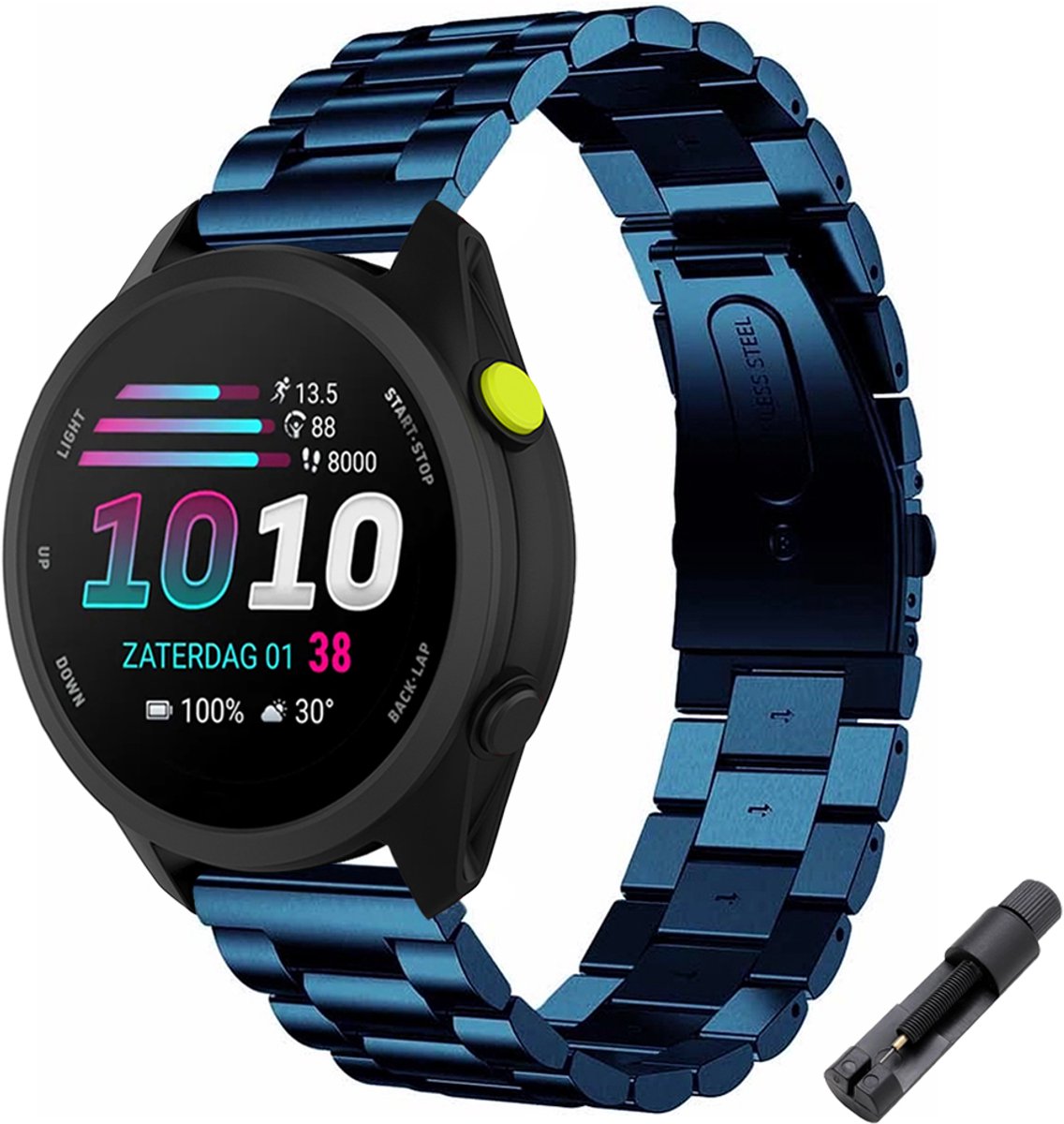 Stravo RVS Schakel bandje – Geschikt voor Garmin Forerunner 70 / 170 / 55 / 165 / 245, Vivoactive 6 / 5 / 3, Venu SQ 2 – Metalen Horlogebandje – Blauw