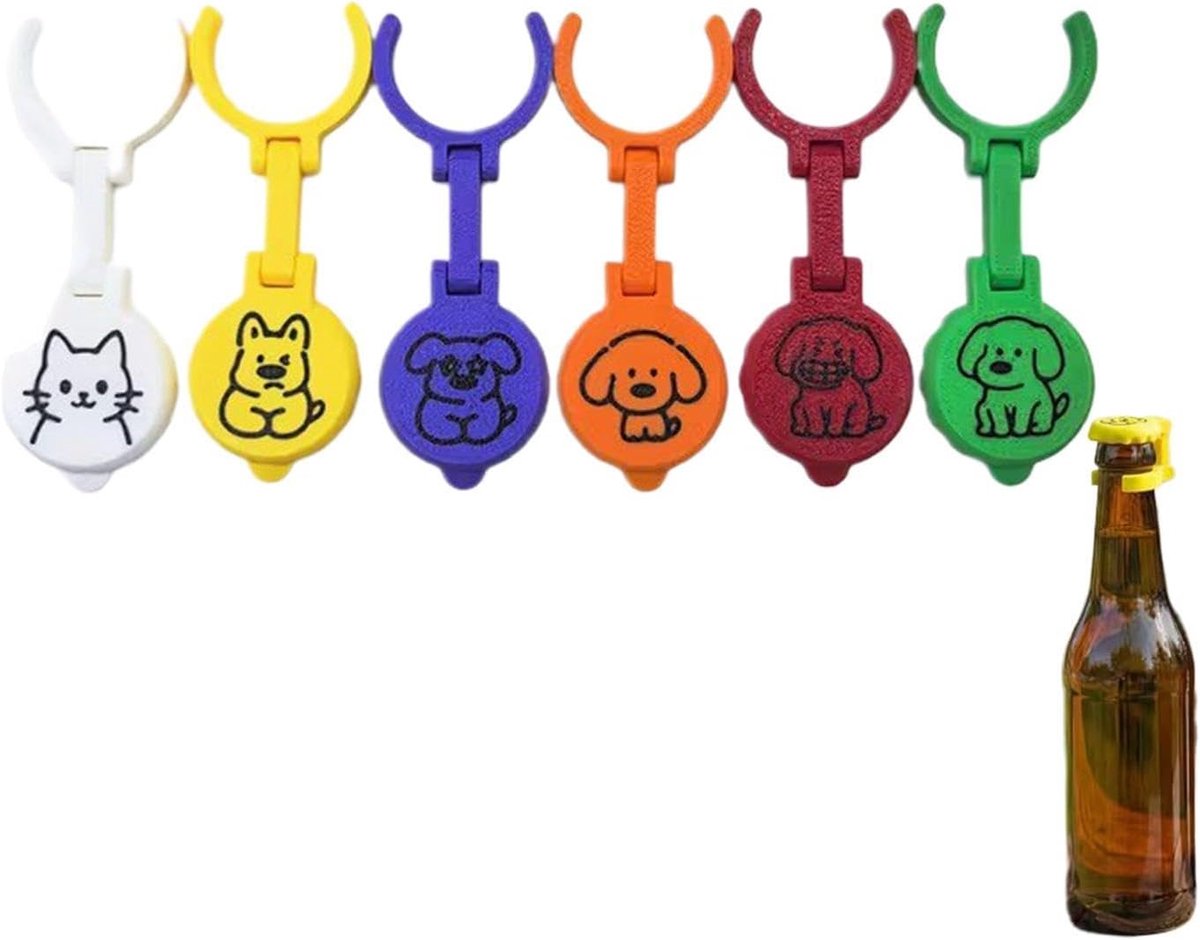 6 Stuks Flesdoppen - Dierentopjes voor Frisdrank,Luchtdichte Flesmarkeerdoppen - voor thuis, feestjes, reizen, kamperen, koelkast, kantoor - kleurn