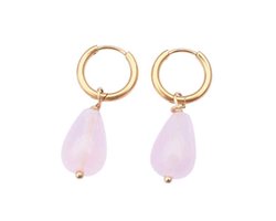 Oorbellen rozenkwarts druppel goud | rozenkwarts oorbellen | edelsteen oorbellen | dames oorbellen | bedeloorbellen | stainless steel oorbellen | handgemaakt in NL | PhiVi sieraden