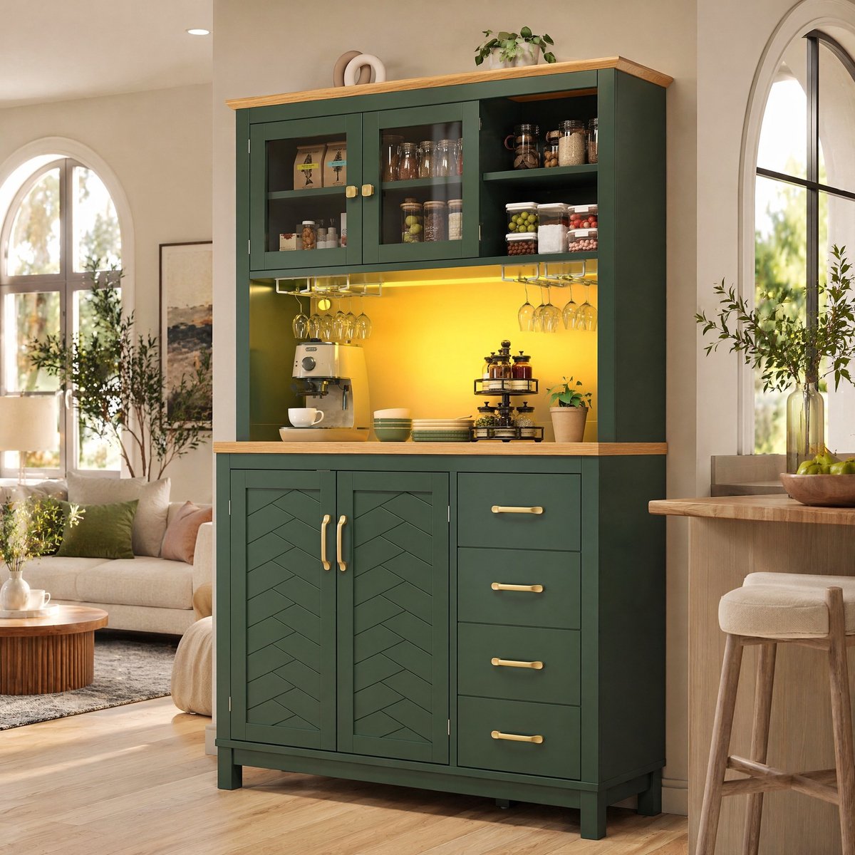COVREO Keukenkast 105,5x40x180 cm groen MDF, 4 deuren met LED-verlichting