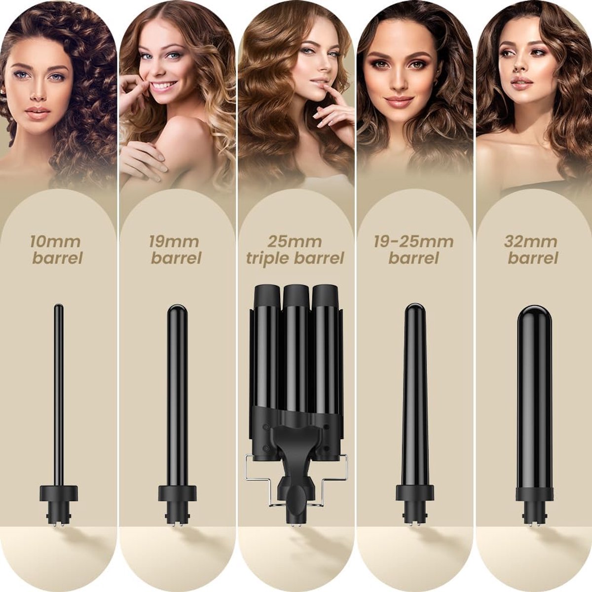 Krultang 3 Vaten - Haarstyler Krulspeld - Haar Stylen - 5 Verwisselbare Opzetstukken - 10 mm tot 32 mm - Zwart