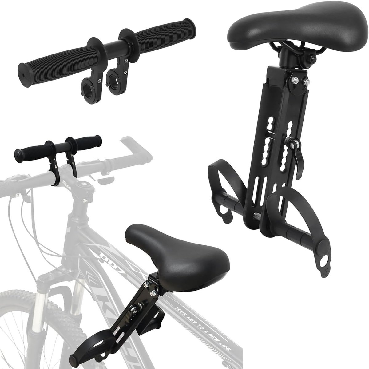 Fietszitje voor Kinderen - Zwart - Geschikt voor Kinderen van 2-5 Jaar - Verwijderbaar Voorzitje met Stuur en Pedalen - Voor Mountainbike en Stadfiets