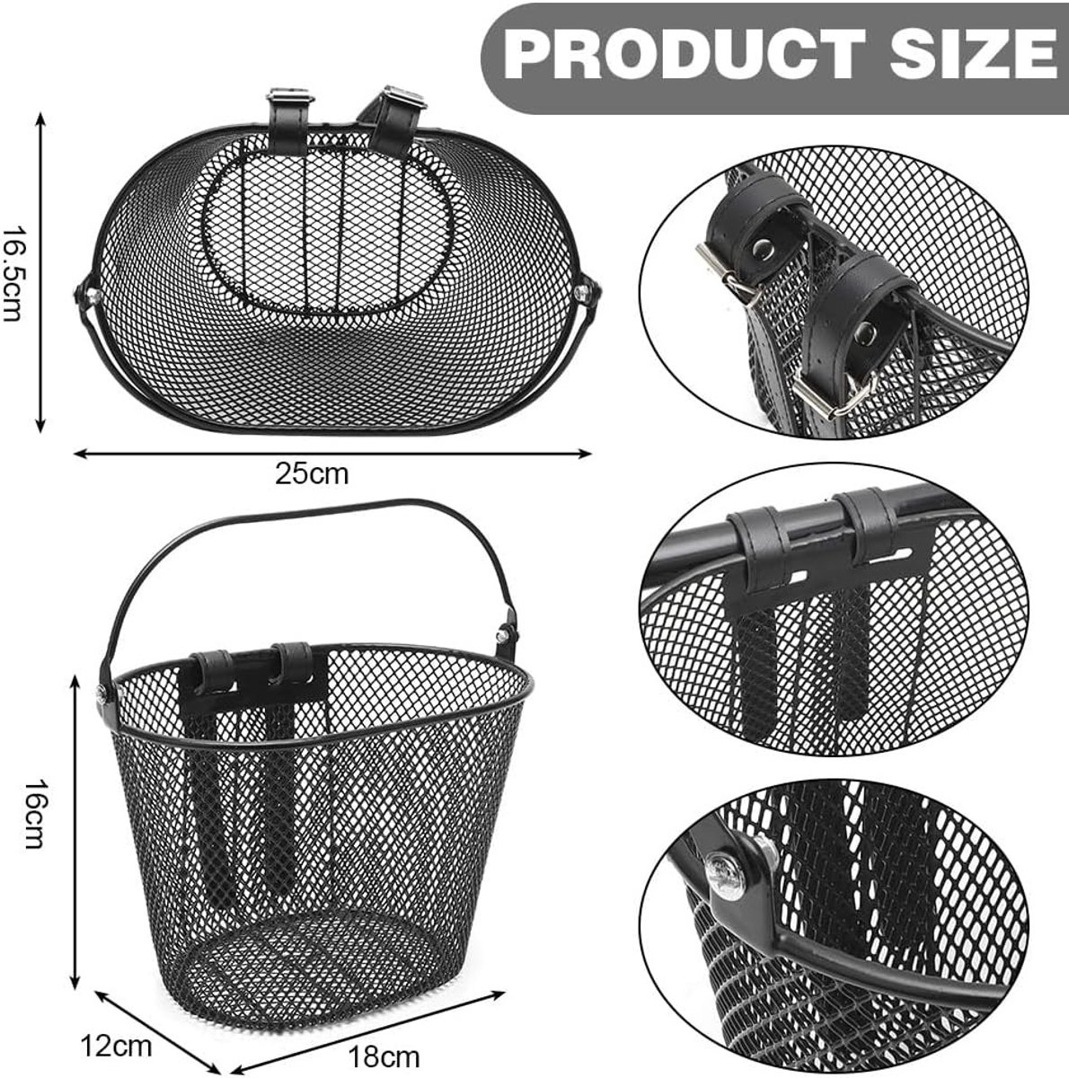 Fietsmand voor Kinderen - Zwart - 25 x 16,5 x 16 cm - Metalen Stuurmand met Klittenbandsluitingen - Voor School en Outdoor