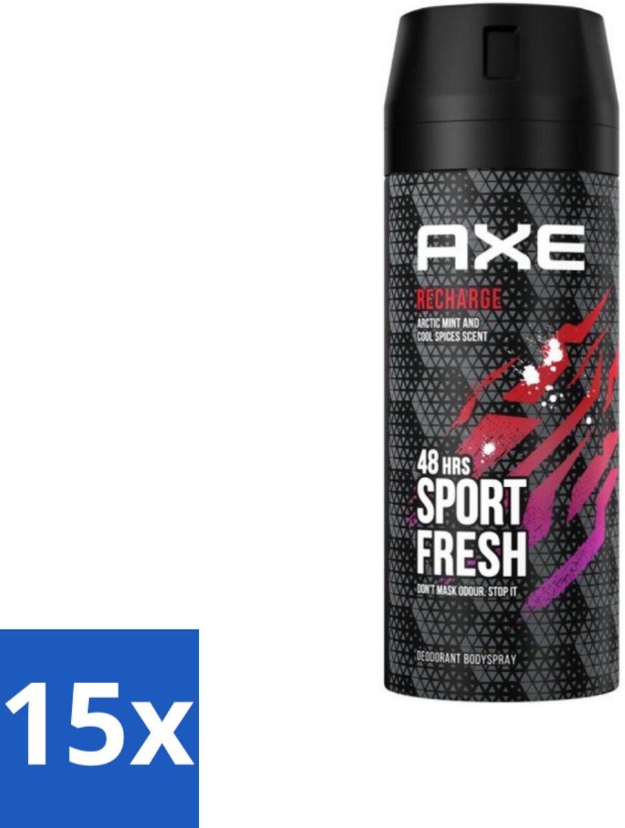 15 x Axe - Deodorant Bodyspray - 48hrs Sport Fresh - Recharge - Arctic Mint & Cool Spices - 150 ml - Axe Deodorant - Sport Fresh - Deodorant Bodyspray - Axe Recharge - Axe Ice Chill