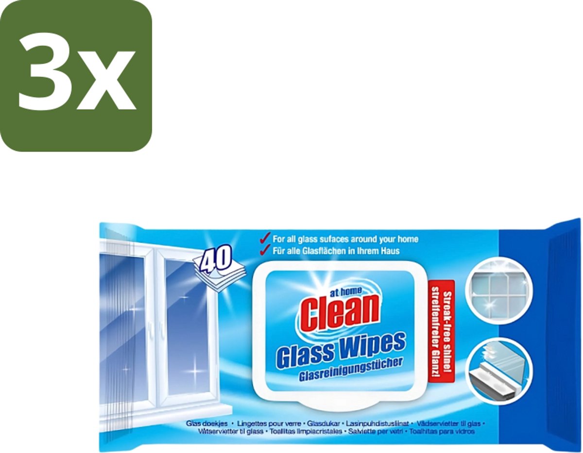 3 x At Home - Clean - Glas Reinigingsdoekjes - Reinigt Streepvrij - 40 Doekjes - Reinigingsdoekjes Glas - Streepvrij Reinigen - Glas Reinigen - Ruiten Reinigen - Spiegels Reinigen