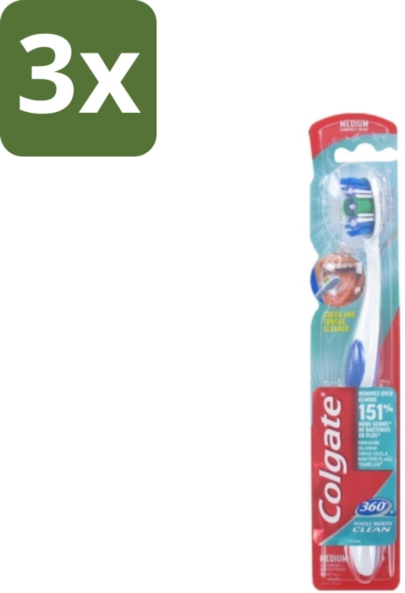 3 x Colgate - Tandenborstel - 360 Whole Mouth Clean Medium - Wit/Blauw - 1 Tandenborstel - Tandenborstel - Mondhygiëne - Tandenpoetsen - Bacteriën - Tandplak