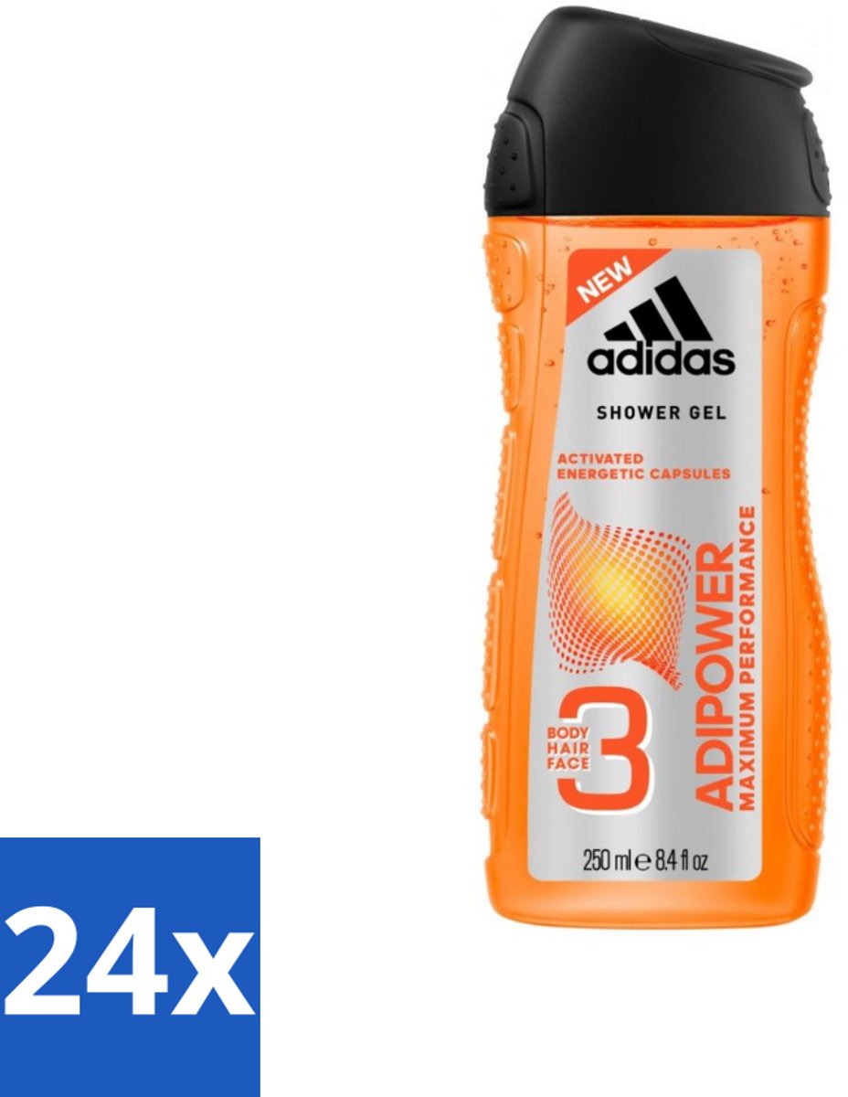 24 x Adidas - 3-in-1 Douchegel - Adipower Maximum Performance -250 ml - Adidas Adipower Douche & Shampoo - Douche En Shampoo - Sportief Haar En Huid Verzorging - Energiek Gevoel - Frisheid