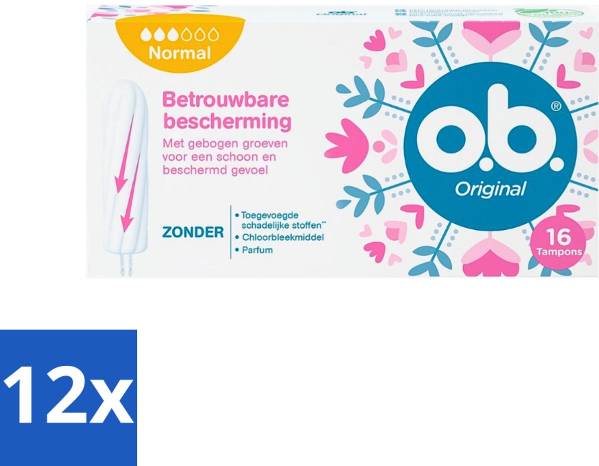 12 x o.b. Tampons - Original Normal - Voor Comfort en Betrouwbare Bescherming - 16 Tampons - Tampons - Menstruatiebescherming - Plantaardige Tampons - Chloorvrije Tampons - Parfumvrije Tampons