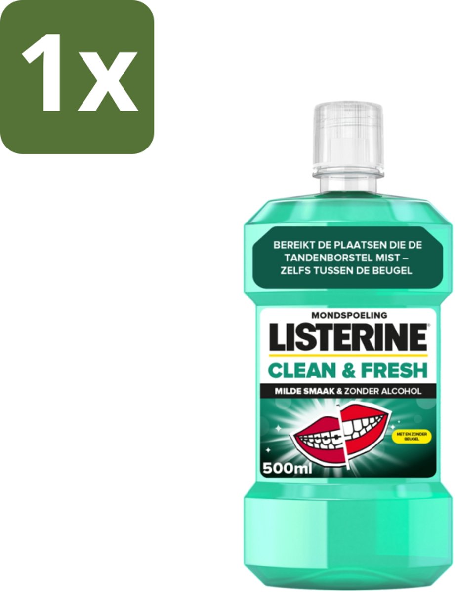 1 x Listerine - Mondwater - Clean & Fresh - Zonder Alcohol - 500 ml - Mondspoeling - Mondwater - Tandplak - Bacteriën - Beugel