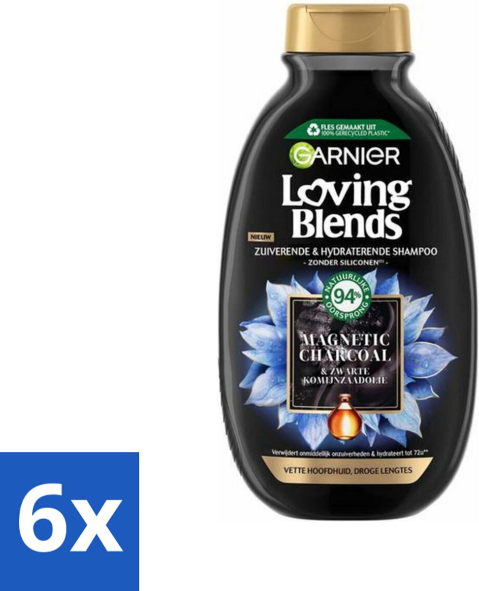 6 x Garnier Loving Blends Magnetic Charcoal Shampoo 300 ml - Shampoo Voor Vette Hoofdhuid - Shampoo Voor Droge Haar - Zuivering Hoofdhuid - Hydraat Haar - Charcoal Shampoo