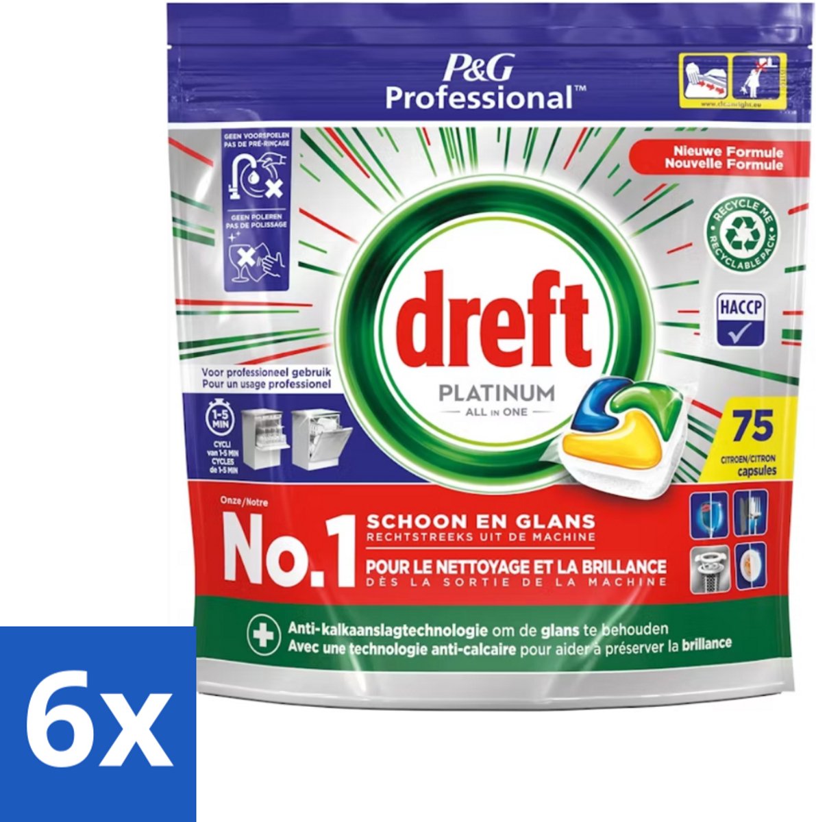 6 x Dreft Professional - Platinum All In One - Vaatwascapsules - Citroen - Antikalkaanslag - 75 Capsules - Vaatwassen - Vaatwasser - Vaatwasmiddel - Kalkaanslag - Reinigingsmiddel