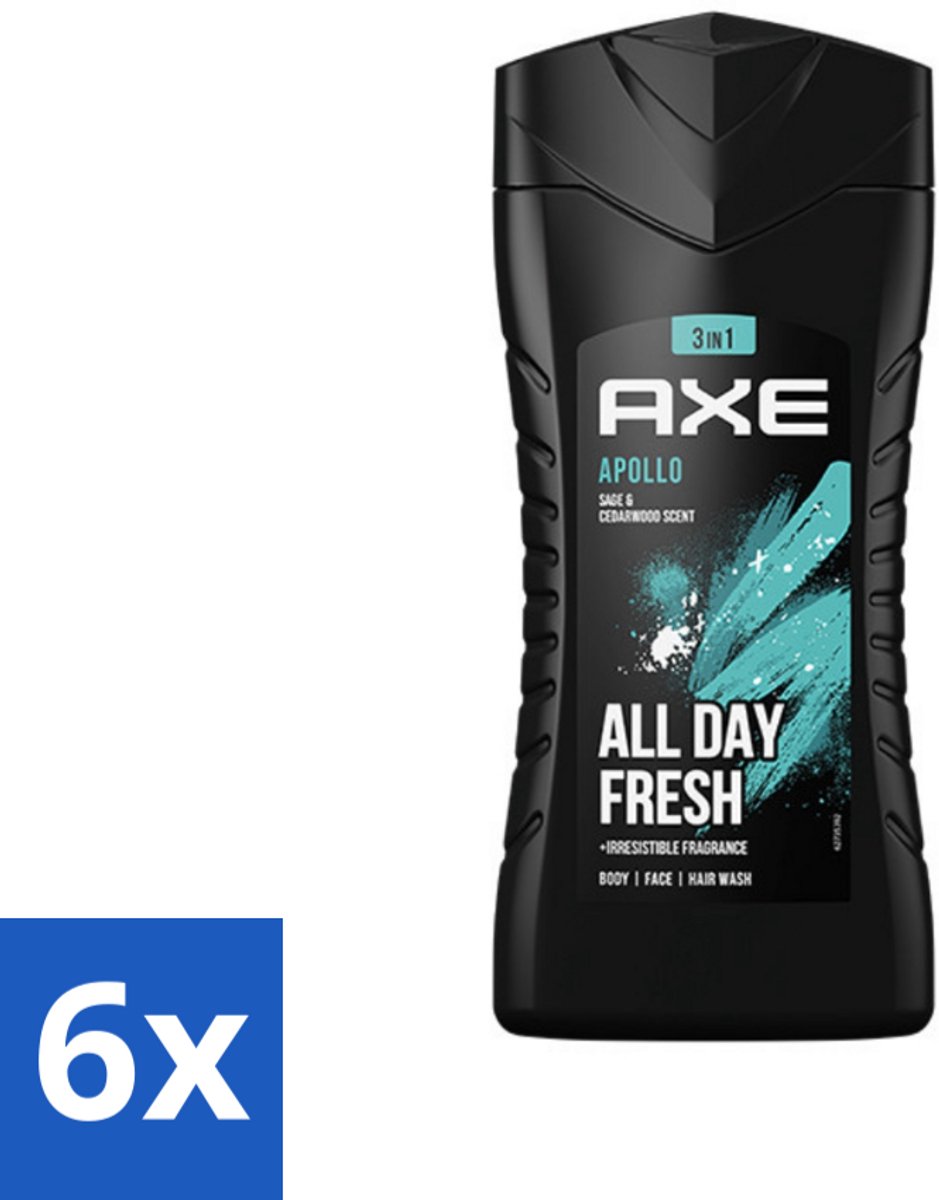 6 x Axe - 3-in-1 Douchegel - Apollo - Sage & Cedarwood - 250 ml - Douchegel - Mannelijke Geur - 3-in-1 - Cederhout - Groen Fruit
