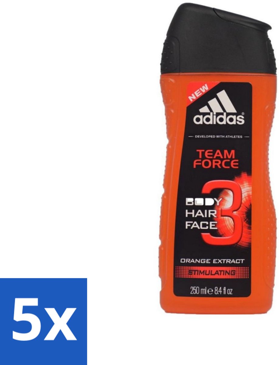 5 x Adidas - 3-in-1 Douchegel - Team Force - Sinaasappel Extract - Stimulating - 250 ml - Douchegel - 3-in-1 - Energie - Frisheid - Sinaasappel