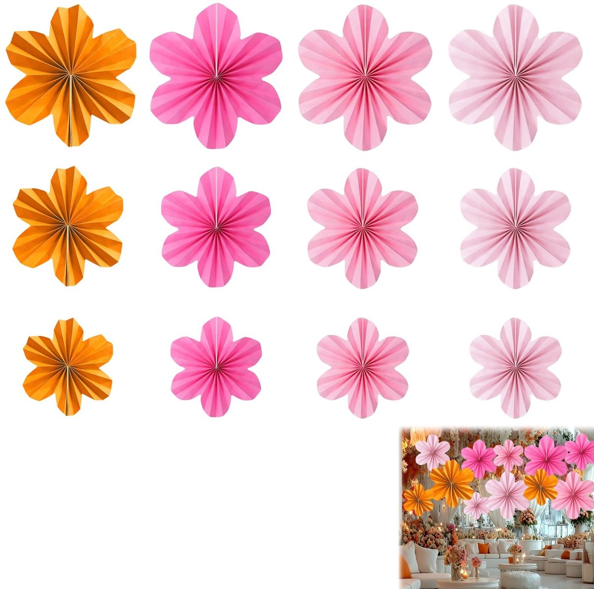 Solidchoice - Set van 12 Papieren Ventilatoren in Oranje en Roze