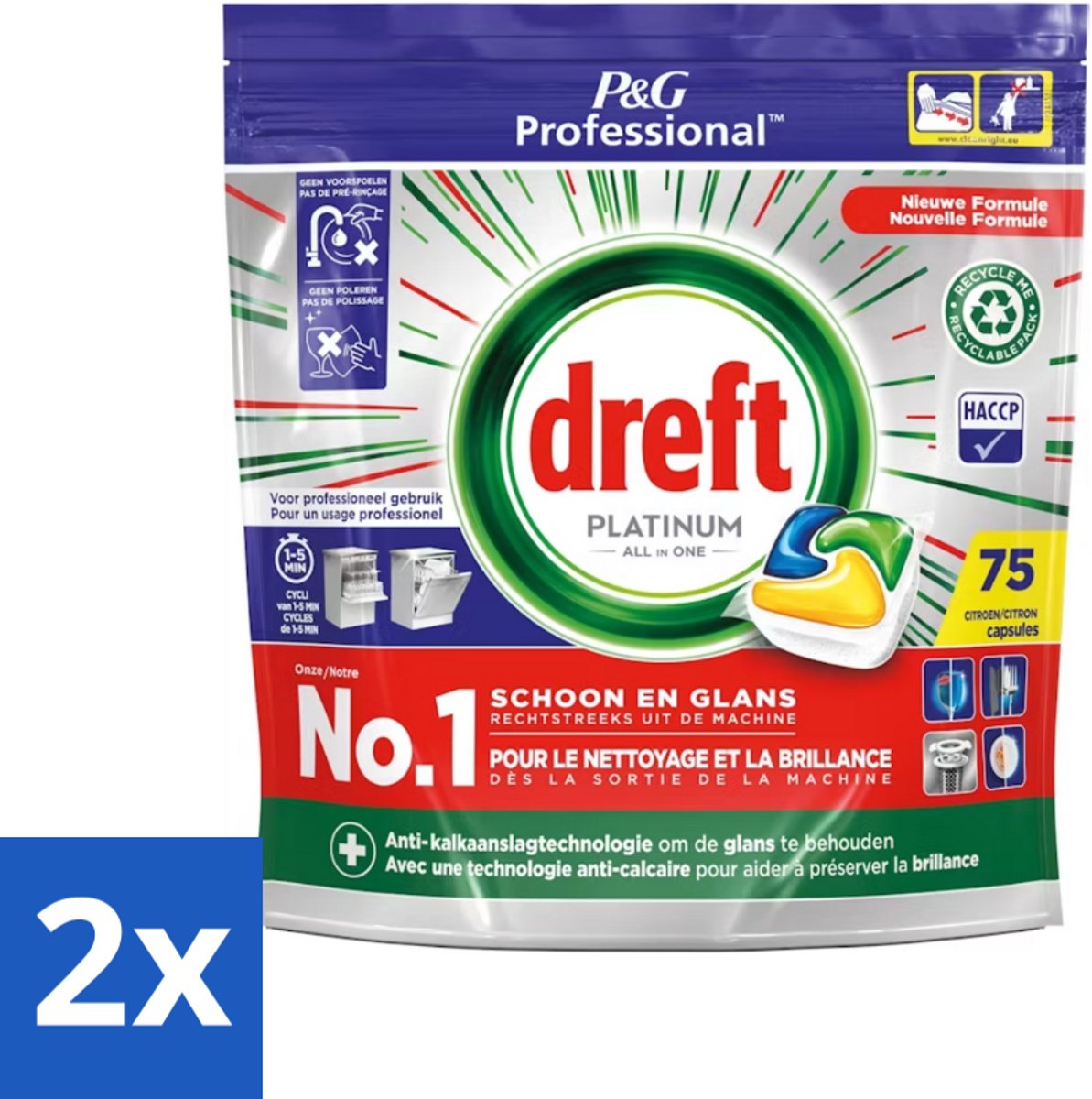 2 x Dreft Professional - Platinum All In One - Vaatwascapsules - Citroen - Antikalkaanslag - 75 Capsules - Vaatwassen - Vaatwasser - Vaatwasmiddel - Kalkaanslag - Reinigingsmiddel