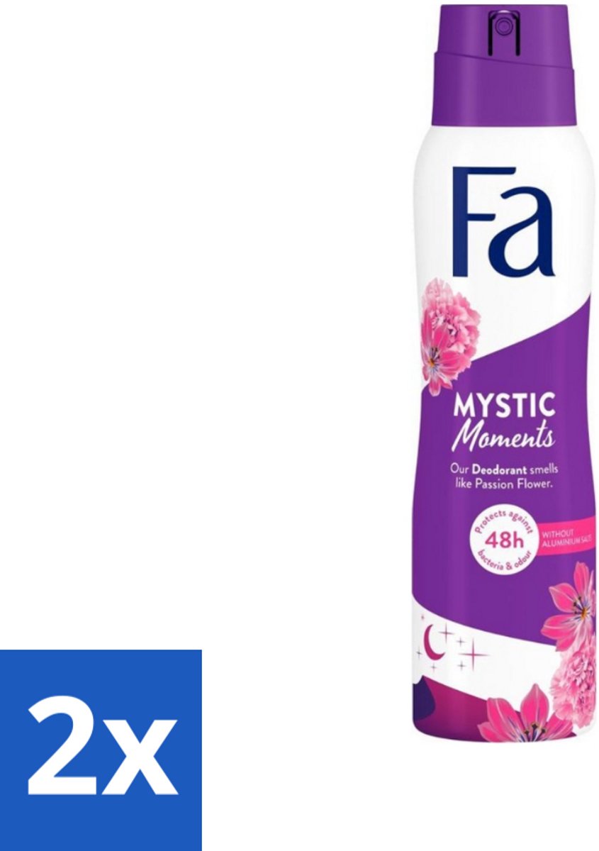 2 x Fa - Deodorant Spray - Mystic Moments - Passiebloem geur - 48 uur Bescherming - 150 ml - Deodorant Spray - Passiebloem Geur - 48 Uur Bescherming - Geurveroorzakende Bacteriën - Dermatologisch Getest