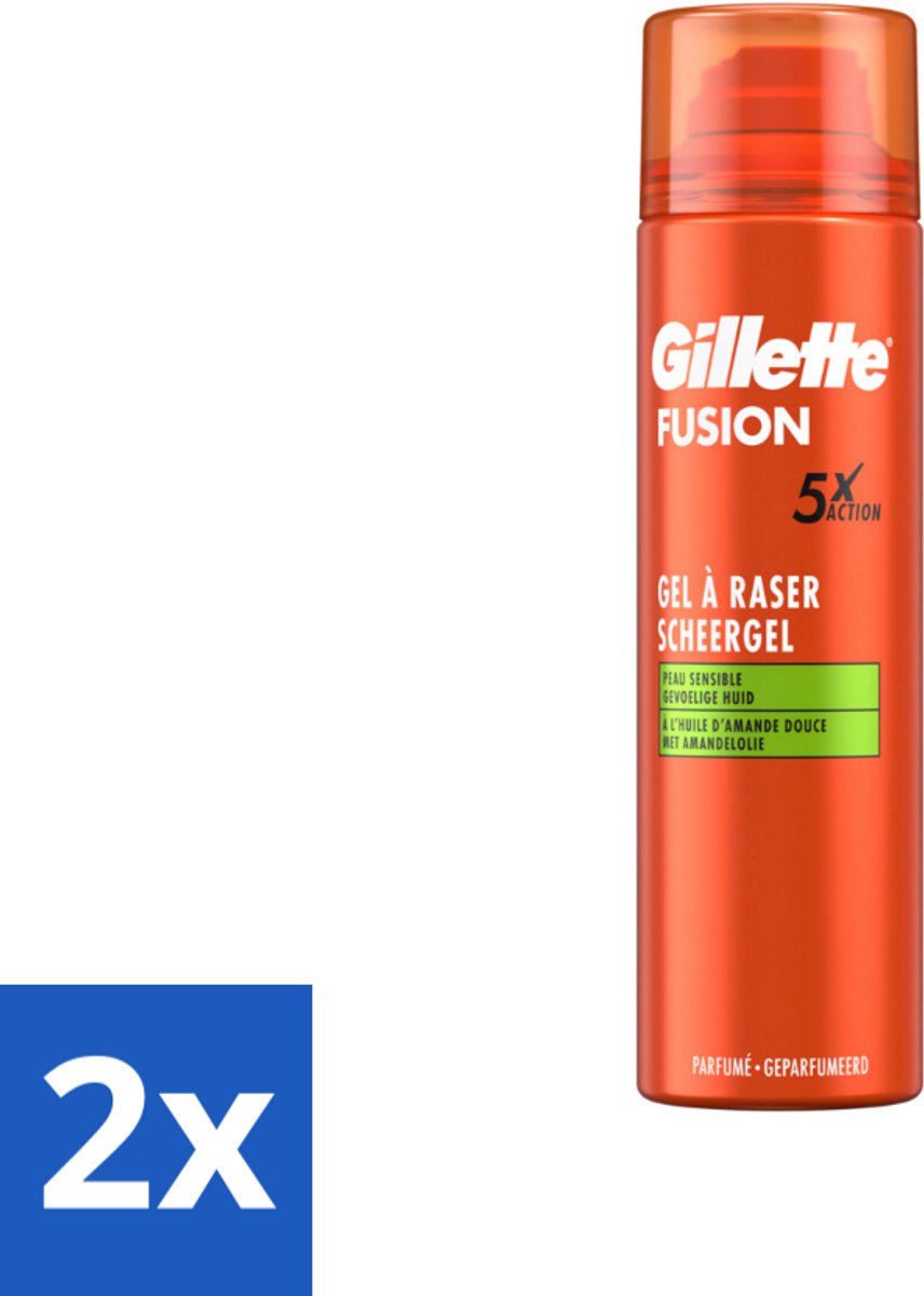 2 x Gillette Scheergel Fusion 5 Sensitive 200 ml - Scheergel - Gevoelige Huid - Amandelolie - Scheren - Scherpen