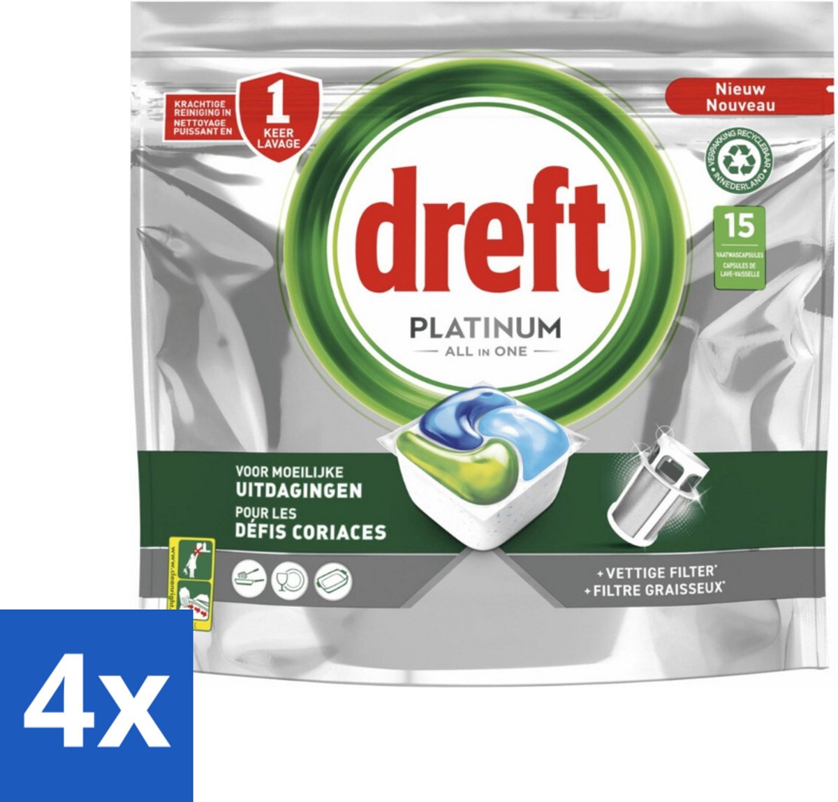4 x Dreft - Platinum All In One - Vaatwascapsules - Voor Moeilijke Uitdagingen - 15 Capsules - Vaatwasser - Vaatwasmachine - Vaatwasmachine Filter - Vaatwasmachine Reiniging - Vaatwasmachine Vetoplossing