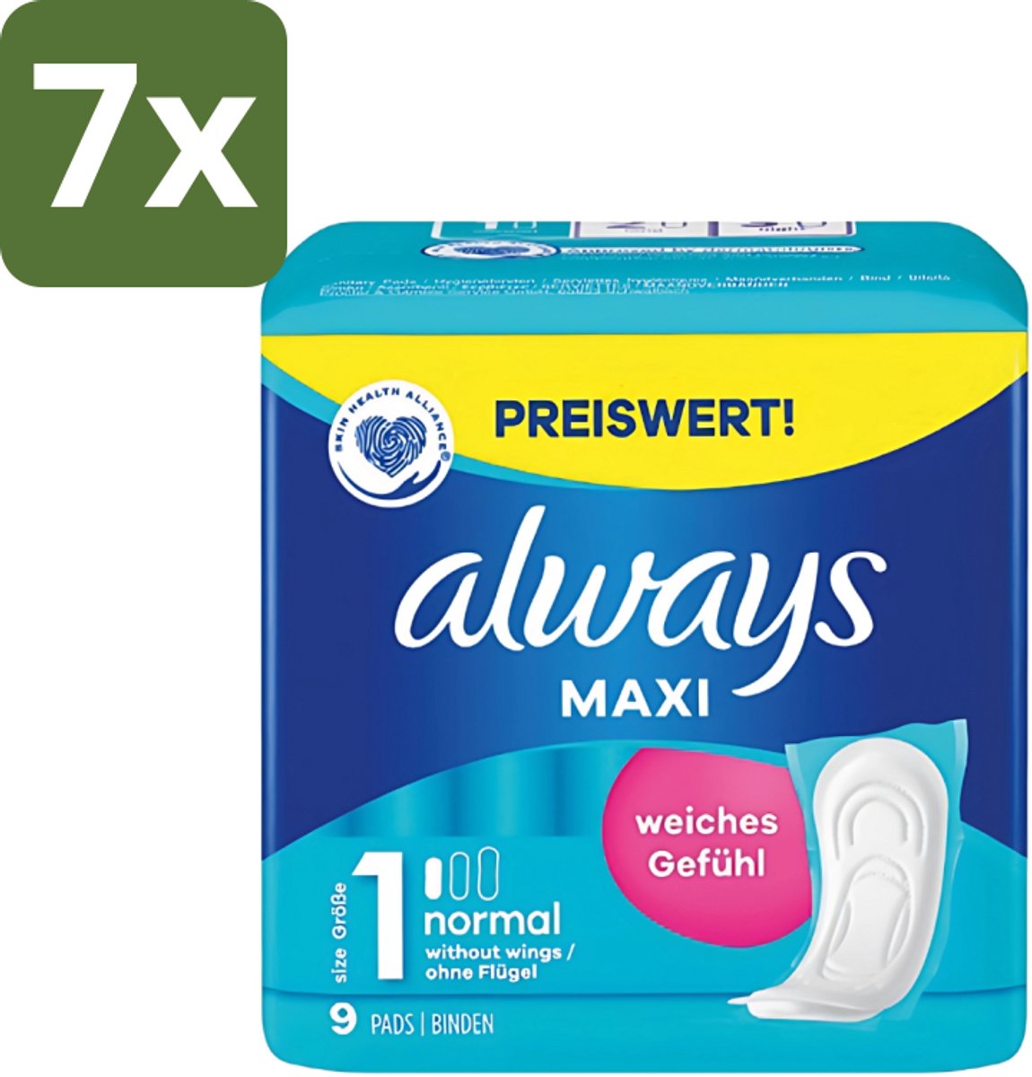 7 x Always Maxi - Maandverband - Maat 1 - Normal - 9 Pads - Maandverband - Menstruatie - Absorptie - Comfort - Hygiëne