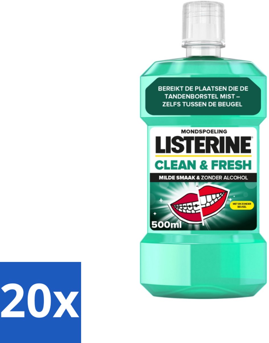 20 x Listerine - Mondwater - Clean & Fresh - Zonder Alcohol - 500 ml - Mondspoeling - Mondwater - Tandplak - Bacteriën - Beugel