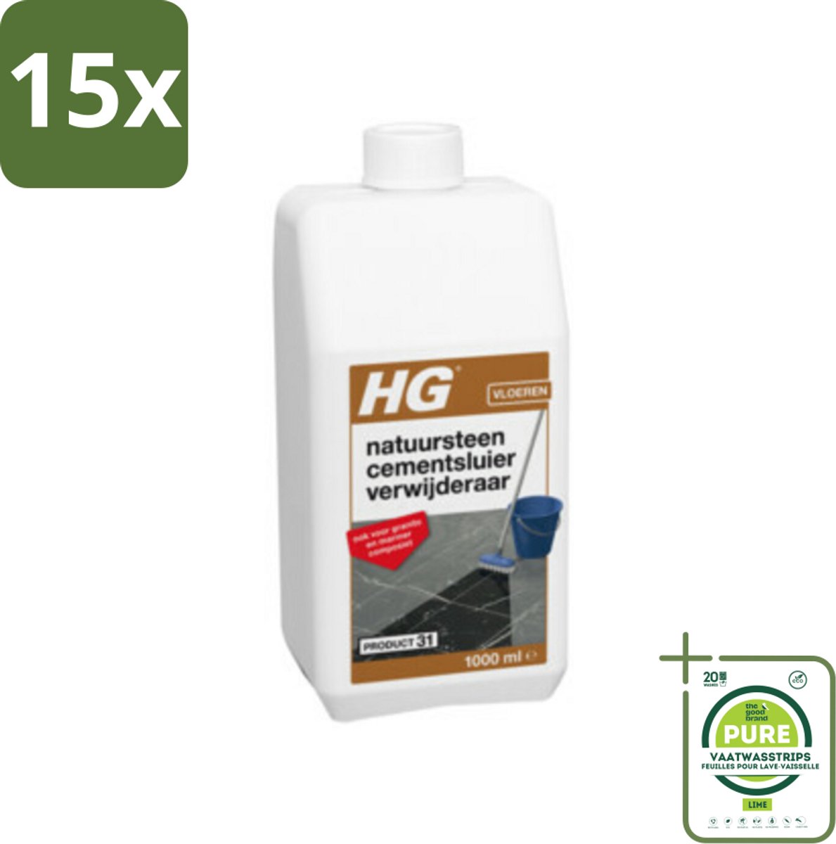 15 x HG Natuursteen Cement & Kalksluier Verwijderaar 1 liter - Grootverpakking - Natuursteen Reiniging - Cementvlekken Verwijderen - Kalksluier Verwijderen - Marmer Schoonmaken - Travertin Schoonmaken