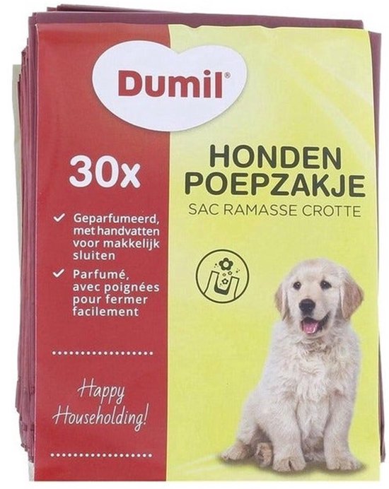 Dumil 30 hondenpoepzakjes, geparfumeerd, met handvaten, met gouden puppy. Happy Householding!
