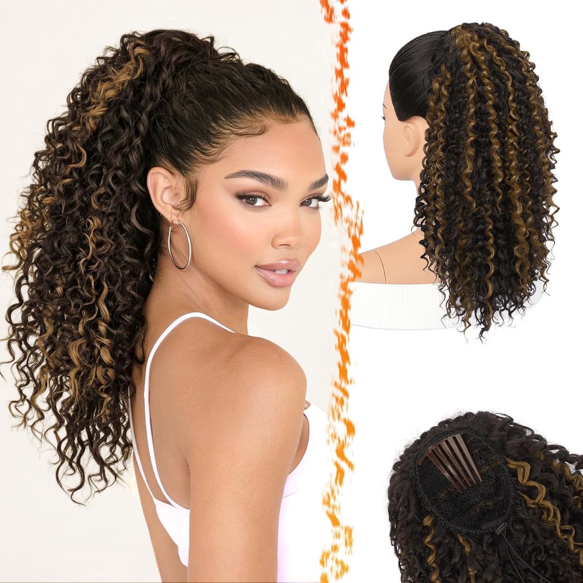 Kruidige Krullende Paardenstaart Extensions van Pure Proteïnevezels 45cm voor een Natuurlijke Look en Feestelijke Gelegenheden, Zwart Bruin met Highlights
