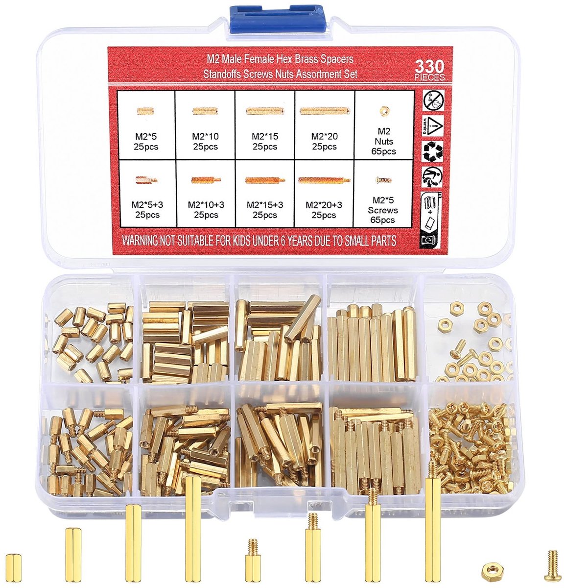 Elzusha - Assortiment van 330 Messing Zeskantige Schroefmoeren